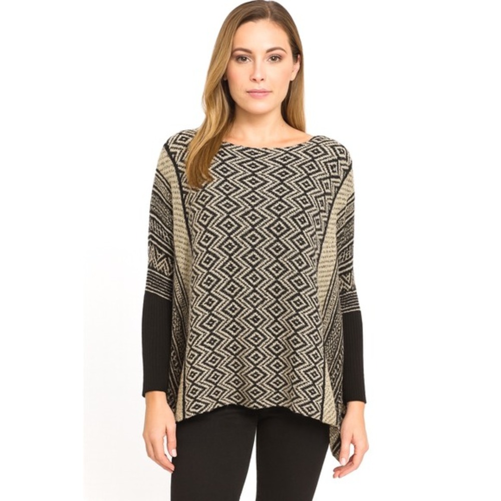 Poof‎ Geo Diamond Knit Poncho Sweater Black Cream Boat Neck Oversized S 61-33